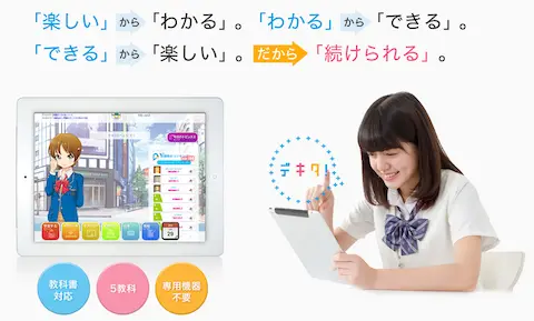 オンライン教材デキタスのホームページ。勉強が「楽しい」から「わかる」という説明がされている。